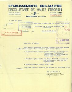 Lettre d'Eugène Maître au maire d'Annemasse en 1939 - Agrandir l'image, .JPG 3 MB (fenêtre modale)