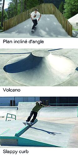 photos des modules du skatepark : plan incliné d'angle, volcano, slappy curb